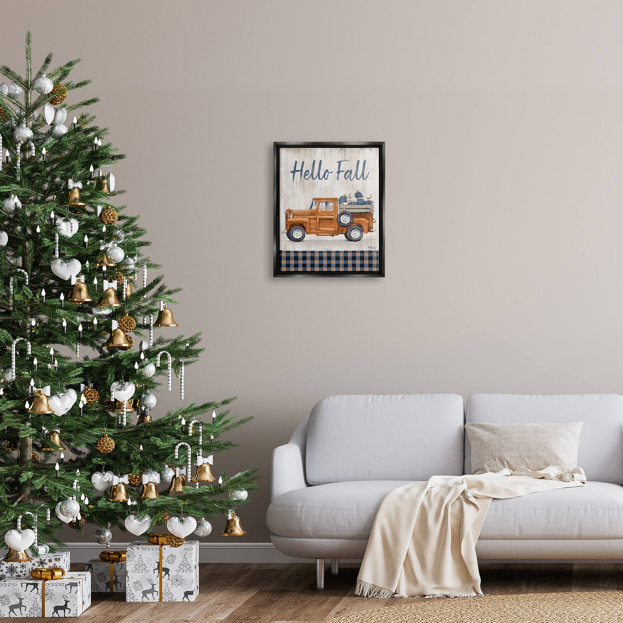 Stupell Industries Hello Fall Plaid Pumpkin Truck Framed Floater Canvas Wall Art